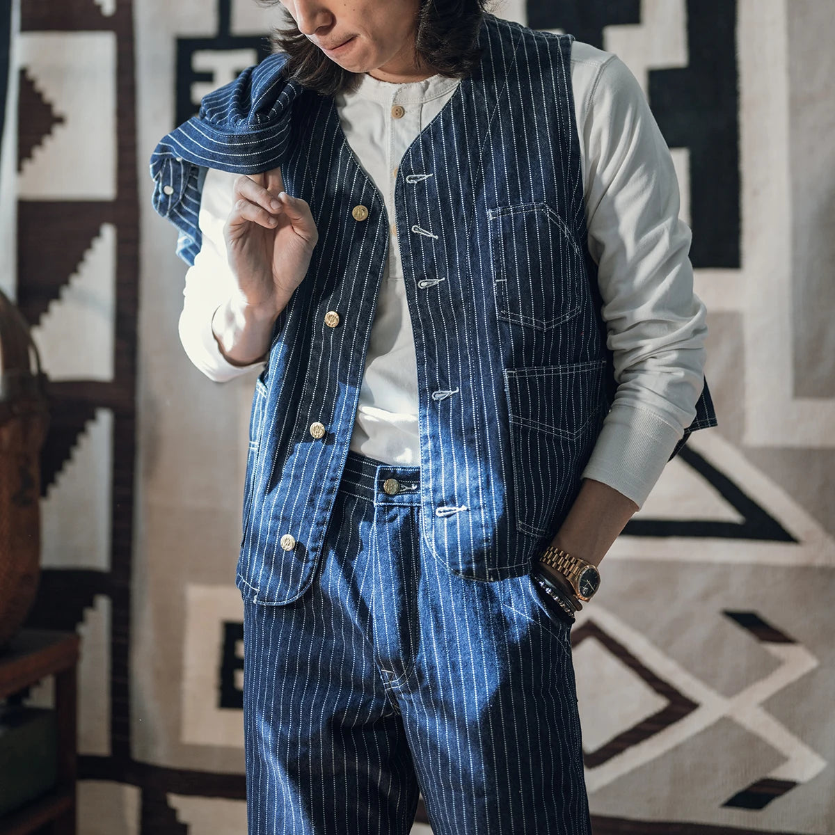 Non Stock 1930s Three-Pocket Wabash Work Vest Retro Men's Striped Sleeveless Jacket