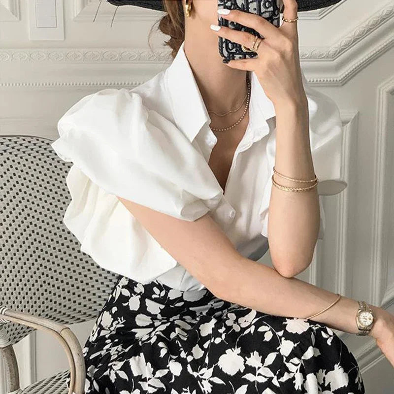 BWQ Y2K Women Chiffon Black Shirts Summer Fashion Elegant Puff Sleeve Tops Korean All Match Female Casual Blouse New
