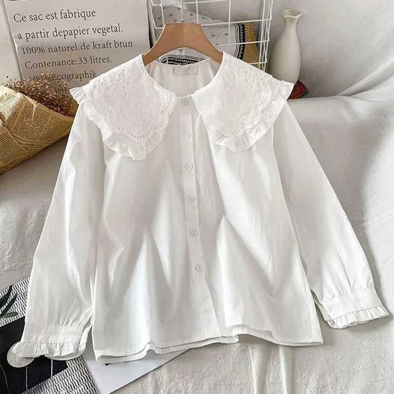 Preppy Style Peter Pan Collar White Shirt Women Spring Summer Long Sleeve Casual Loose Student Blouses Kawaii Button-Up Shirts