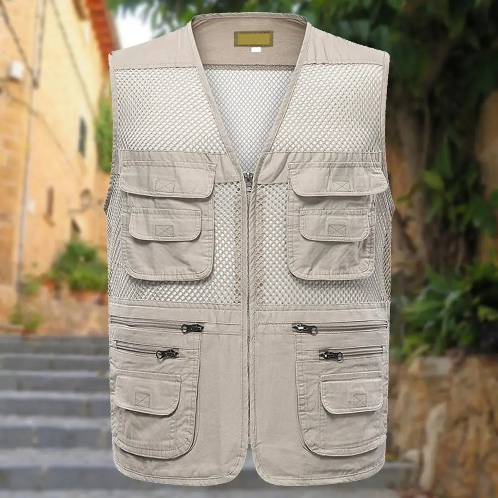 Men Sports Vest Lightweight Mesh Outdoor Sports Vest for Summer Camping Fishing Zipper Closure Waistcoat for Work Wear