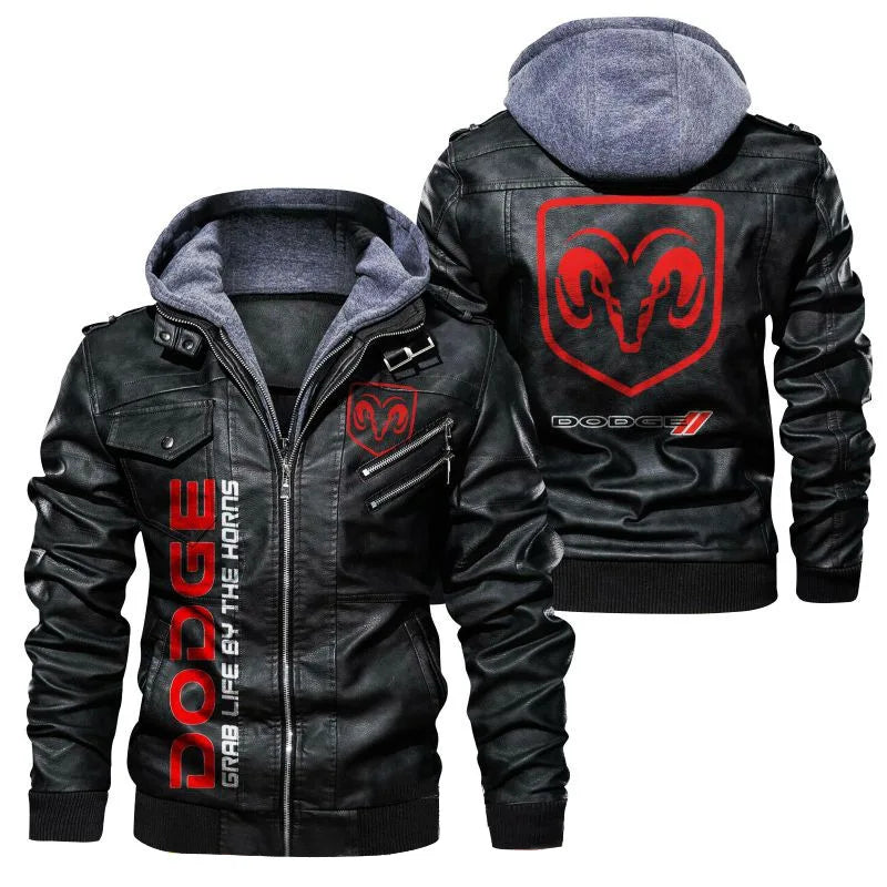 New Autumn Winter Leather Dodge Logo Men's Jacket Removable Hoodied Motorcycle Jacket Men Leather Mens Jackets