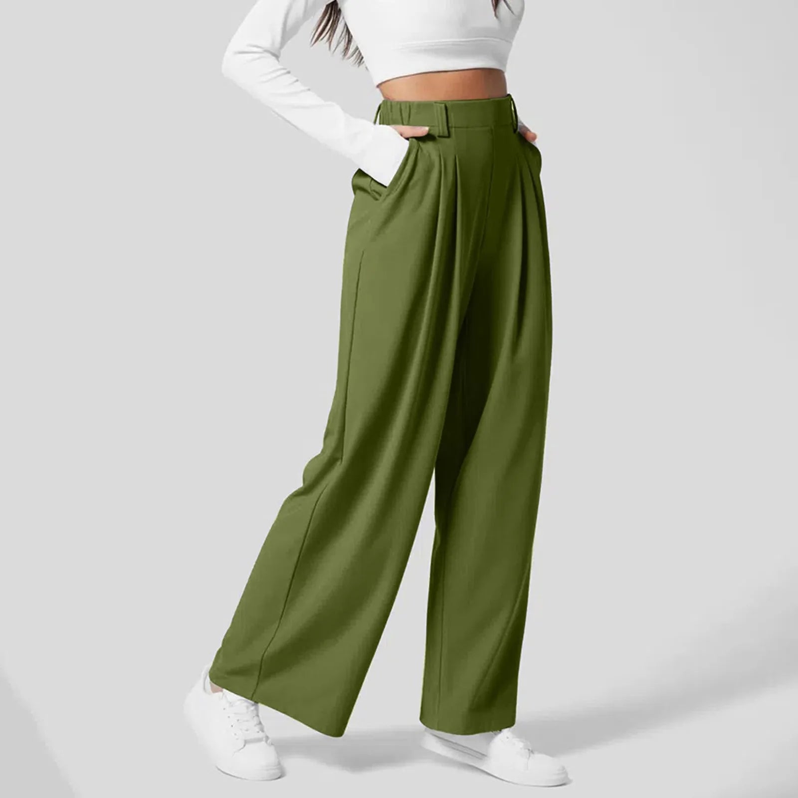 Women Fashion Wide Leg Pants Solid Elastic Pants Work Business Suit Straight Trousers Casual High Waisted Dress Palazzo Pants