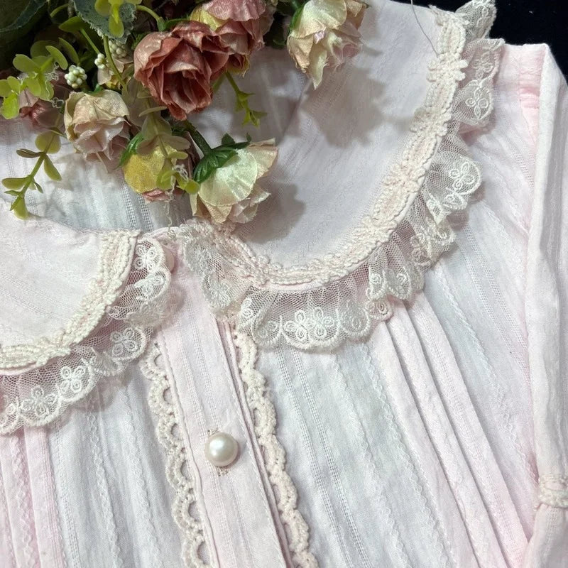 Sweet Lolita Blouses Women Cute Lace Bow Shirts Kawai Peter Pan Collar Long Sleeve Blouse Girl Cotton Comfortable Lolita Clothes