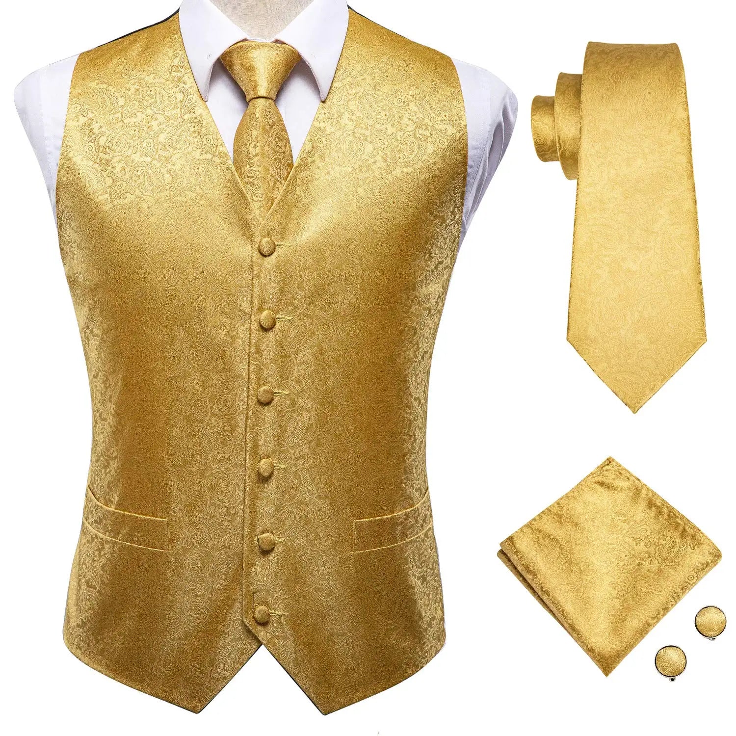 Hi-Tie Black Men Silk Vest Paisley Jacquard Necktie Hankerchief Cufflinks Sets Male Sleeveless V-Neck Waistcoat Business Formal