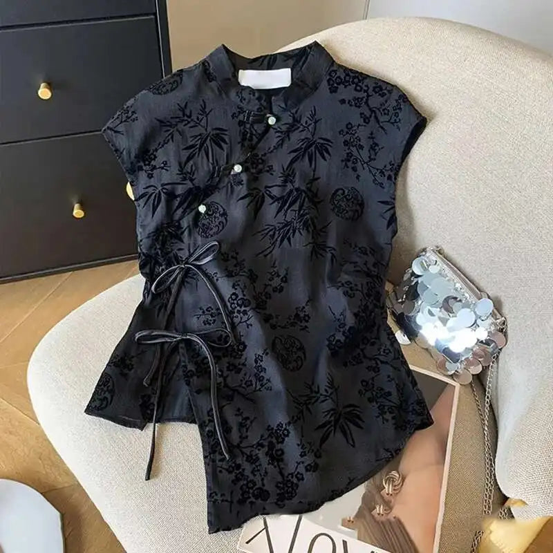Women  Vintage Thin Shirt New Chinese Style Cheongsam Top Black Jacquard Sleeveless T-shirt Summer Mature Fashion Bow Shirt