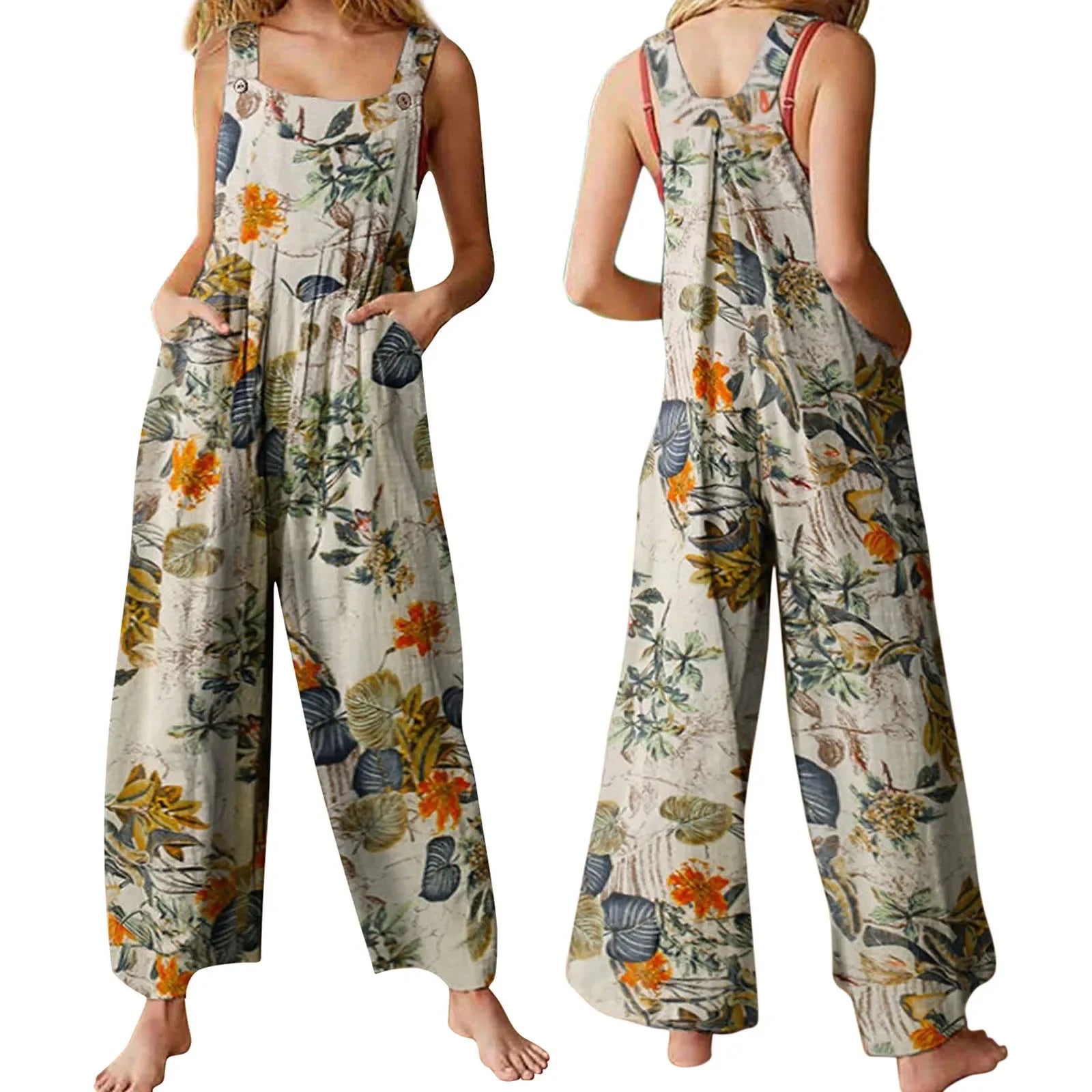 Combhasaki Women's S-3XL Cotton and Linen Jumpsuit Leaf Floral Print Square Neck Sleeveless Casual Loose Overalls with Pockets