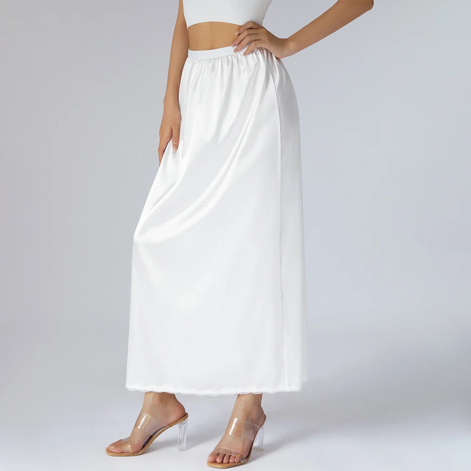 Elastic Waist Inner Lining Midi Skirt Women Solid Color Satin Half Slip Underskirt Long Underskirt for Ladies White/Black/Yellow
