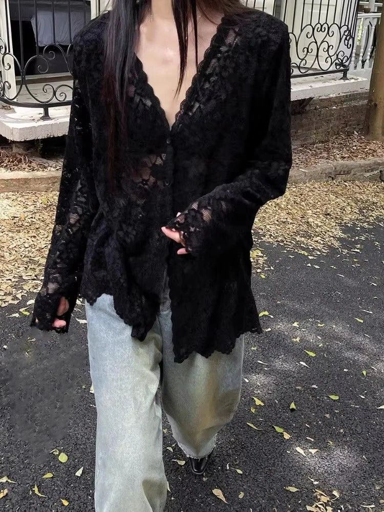 Sexy Lace See Through Grunge Blusas Y2k Aesthetic Single Breasted Oversized Women Blouse Vintage Embroidery Flower Harajuku Tops