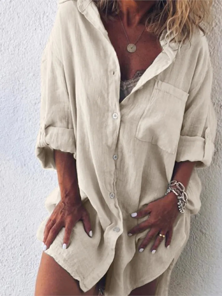 Summer Women's Clothing New Fashion Cotton Linen Pocket Beach Fashion Button Up Shirt Long Sleeved Casual Comfortable