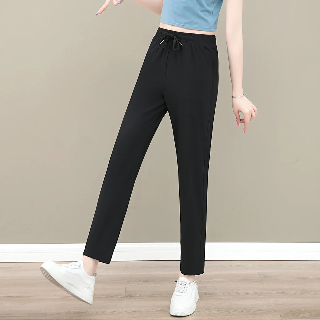 New Women'S Fashion Loose Summer Thin Ice Silk Pants Mom'S Casual High Waist Comfortable Versatile Sports 9-Point Trousers