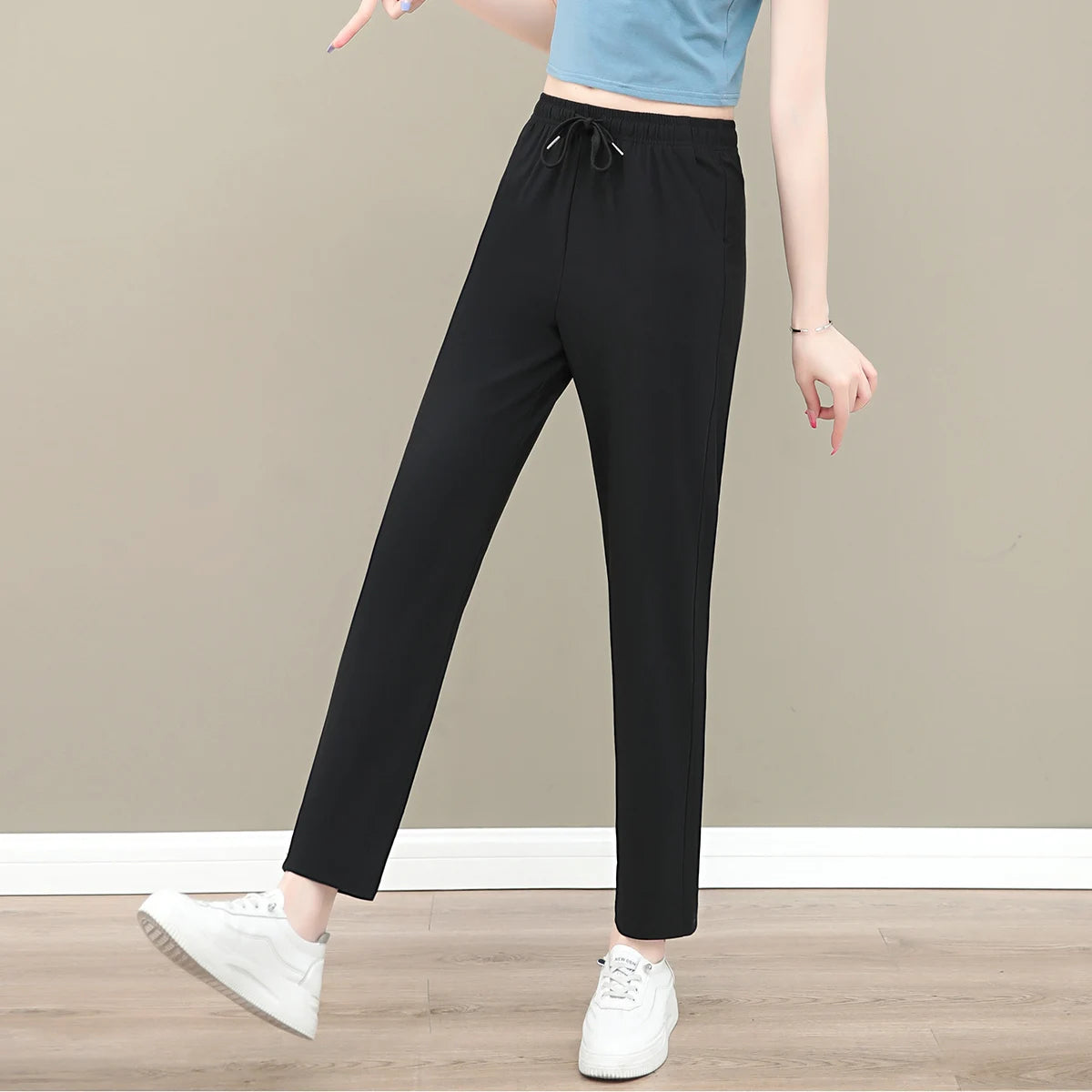 New Women'S Fashion Loose Summer Thin Ice Silk Pants Mom'S Casual High Waist Comfortable Versatile Sports 9-Point Trousers