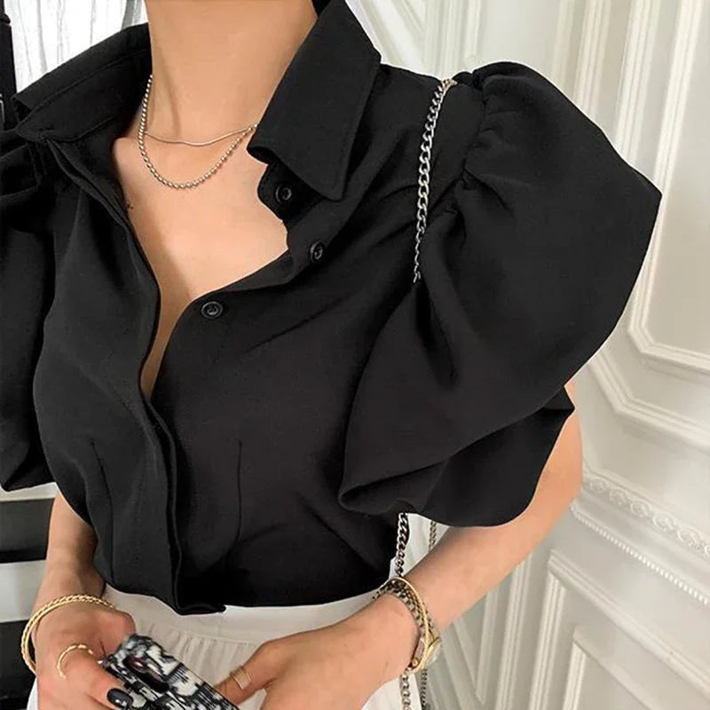BWQ Y2K Women Chiffon Black Shirts Summer Fashion Elegant Puff Sleeve Tops Korean All Match Female Casual Blouse New