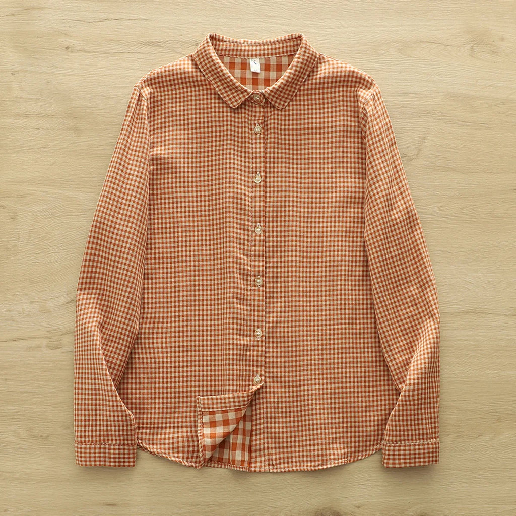 2025 Plus size women clothes mori girl spring summer fresh design pink orange blue check blouses women's plaid shirts