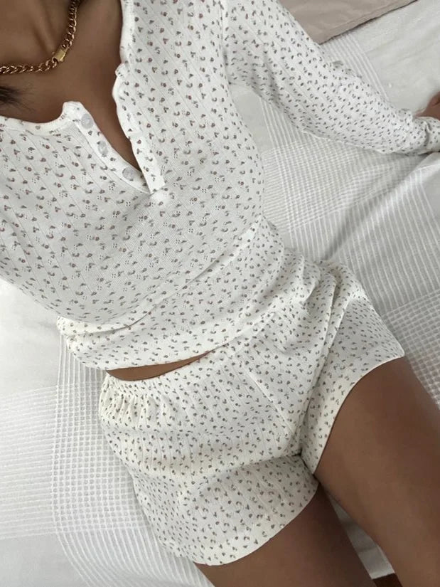 Eyelet Buttons White Long Sleeve T-shirt Shorts Set Woman Slim Tees+Elastic Straight Sweatshort Cotton Home Pajama 2 Piece Sets