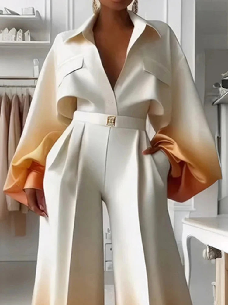 Beautyblue Lapel Blouses Gradient Shirt for Women 2025 New Fashion Loose Puff Sleeves Summer Spring Button Elegant Female Tops