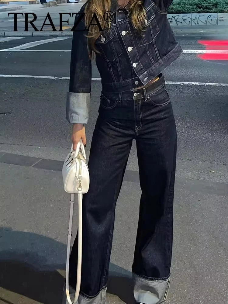 TRAFZA 2024 Autumn Female Vintage Denim Suit Long Sleeve Single Breasted Lapel Coat+High Waist Wide Leg Jeans Street Fashion Set