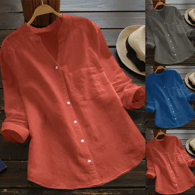 Women's Casual Retro Cotton And Linen Shirts Loose Solid Color V-neck Cardigan Button ladies Yellow White Autumn Shirt Tops
