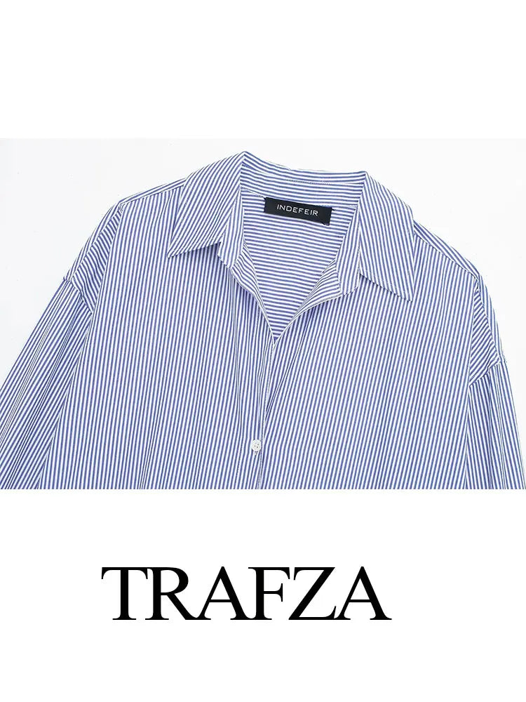 TRAFZA 2024 Spring New Women's Poplin Office Shirt Chic V Neck Single Breasted Elegant Women's Striped Casual Shirt Streetwear