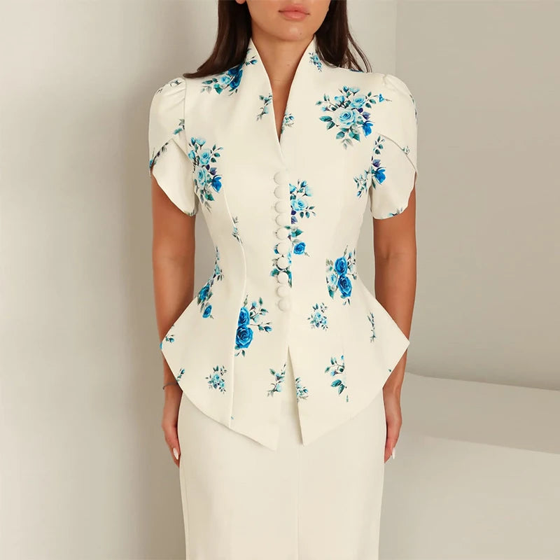 Elegant Women's Irregular Shirts Short Sleeve Waist-Closed Button V-Neck Lady Top 2025 Summer Fashion Female Street Outwear