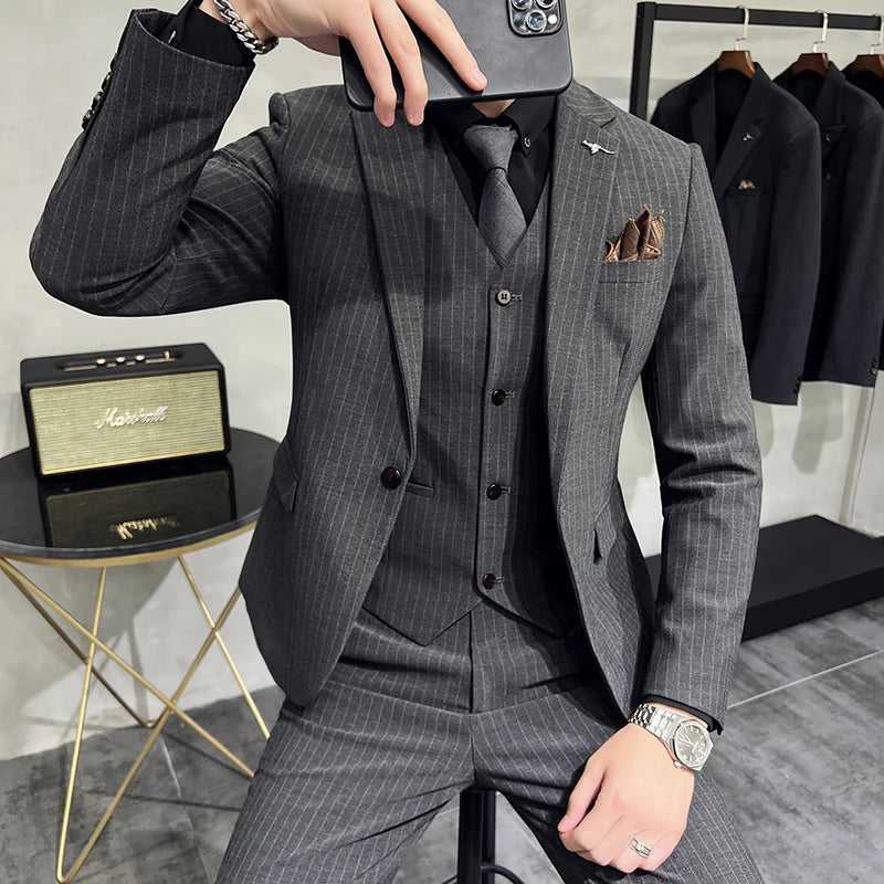 ( Blazer+Vest+Pants ) Groom Wedding Male Suit Luxury Brand Fashion Striped Men's Casual Business Office Double Breasted Suit