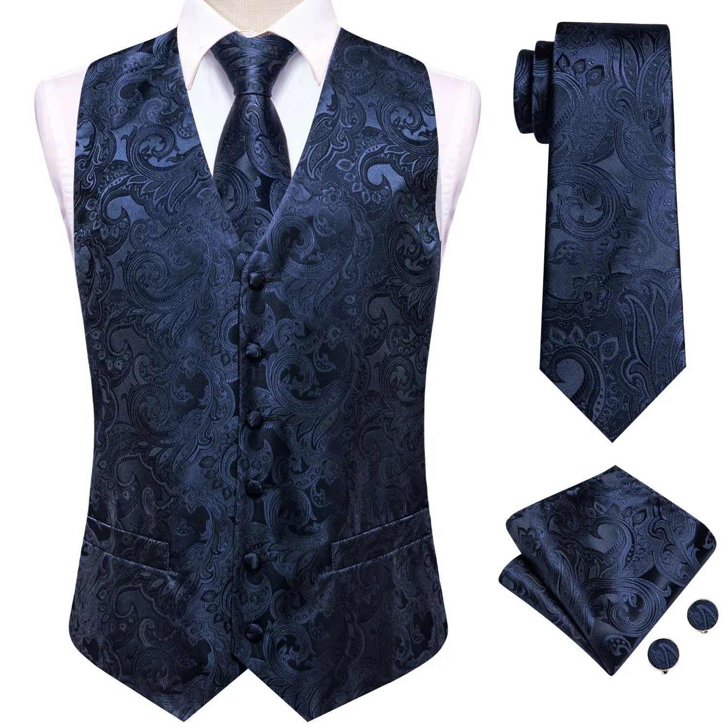 Hi-Tie Navy Blue Mens Vest Formal Silk Paisley Waistcoat Jacket Tie Handkerchief Cufflinks Set For Male Dress Suit Wedding Party