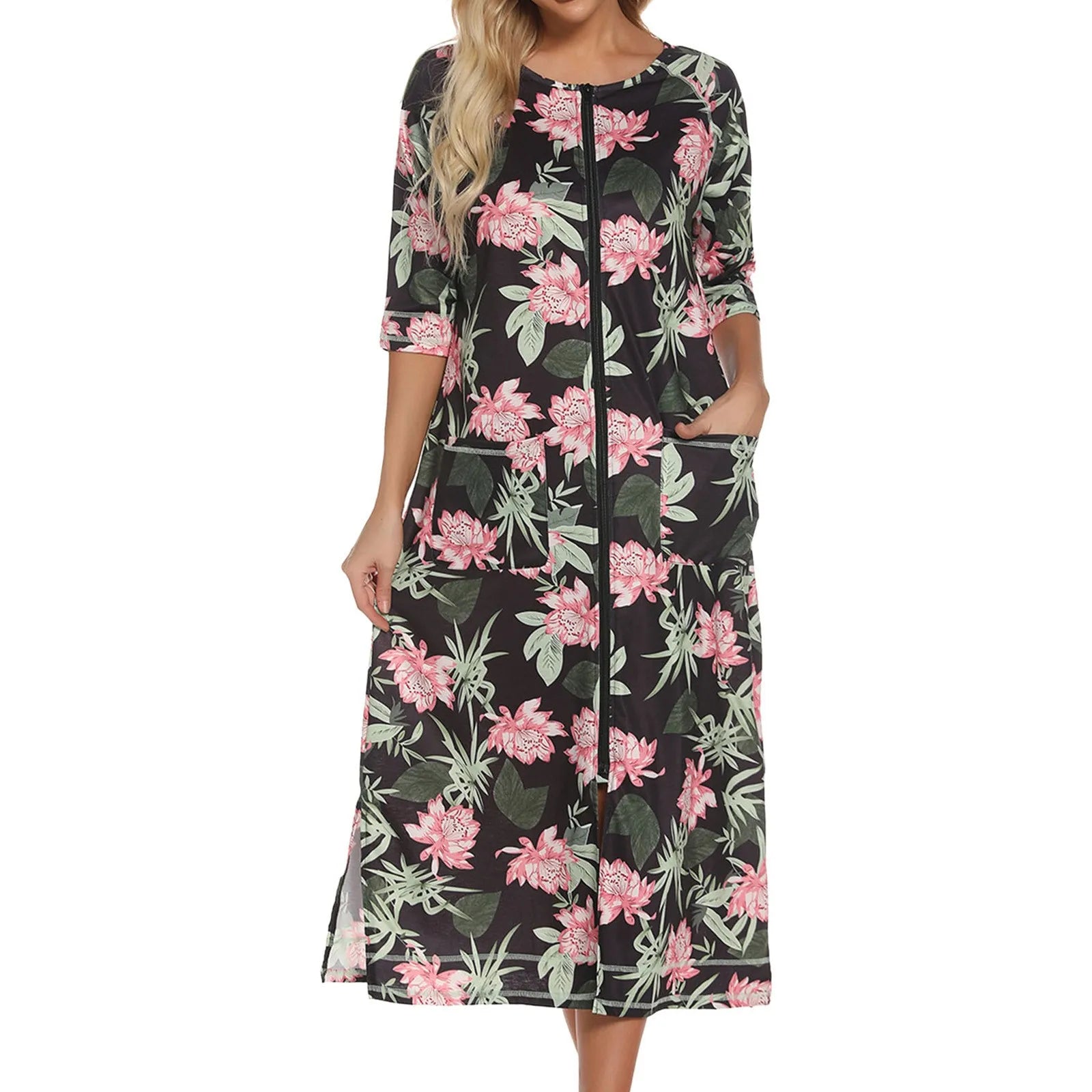 Summer Dresses For Women 2024 Zipper Front Robe Half Sleeve Bathrobe Full Length Soft Cotton Duster Dress With Pockets Home Wear