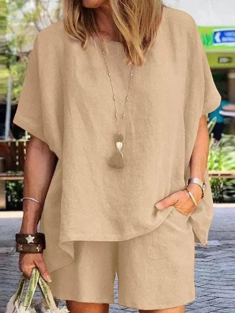 2024 Summer Fashion Cotton and Hemp New Elegant Women's Casual Two Piece Set Short Sleeved Top Waist Wide Leg Pants Set