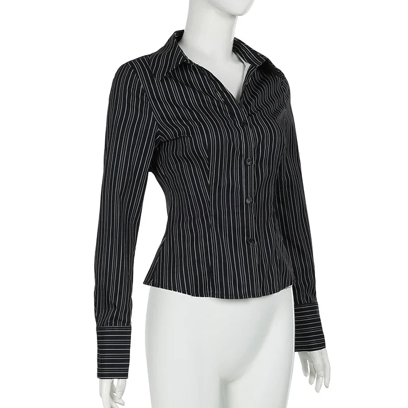 Sexy Elegant Collar Breasted Cardigan Long Sleeved Shirt Slim Fit Versatile Striped Top 2025 Autumn Winter New Fashion Casual