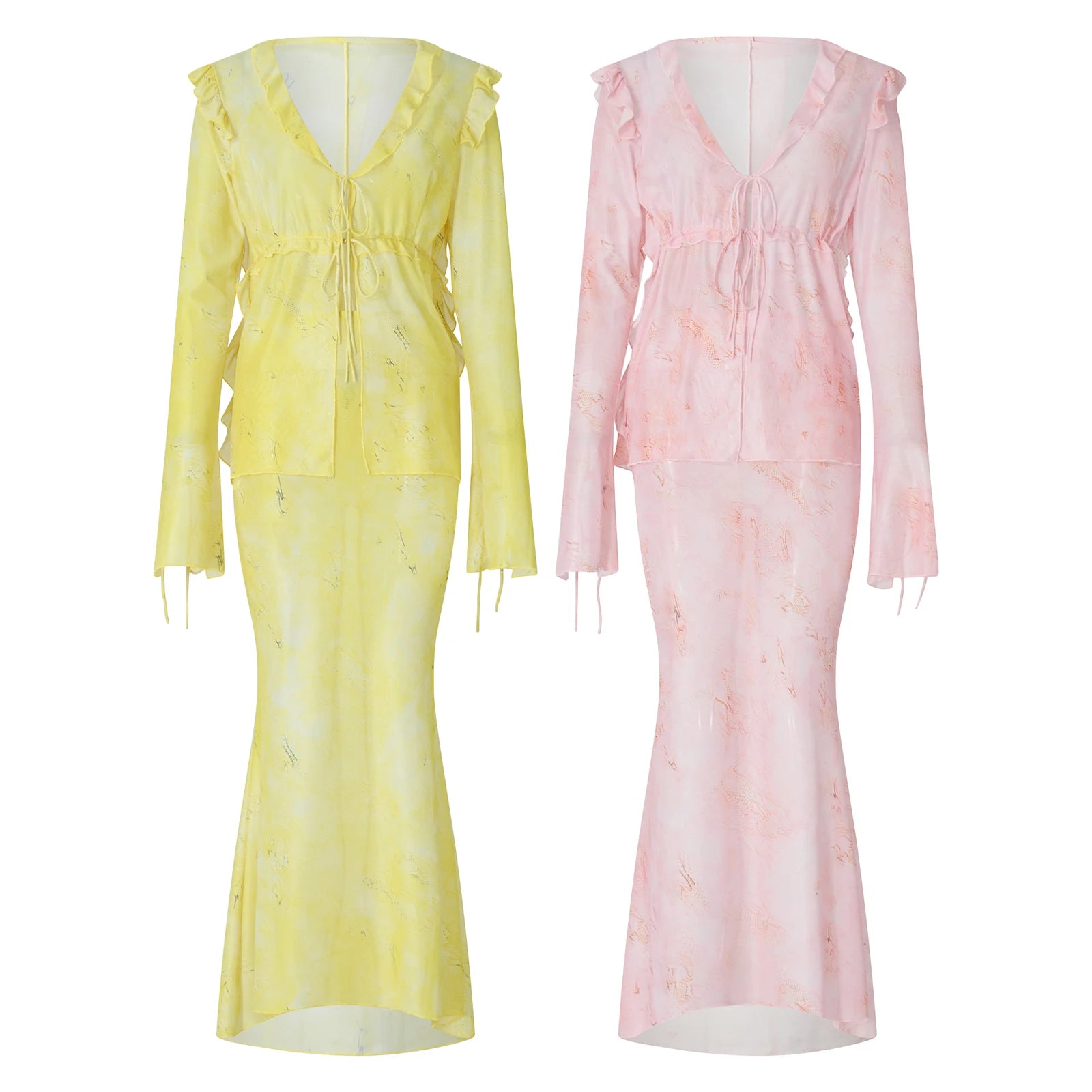 Women Chic Elegant Skirt Set Sexy Mesh Sheer Tie Front Flare Sleeve Tops and Long Skirt Suits Summer Fashion Two Piece Outfits