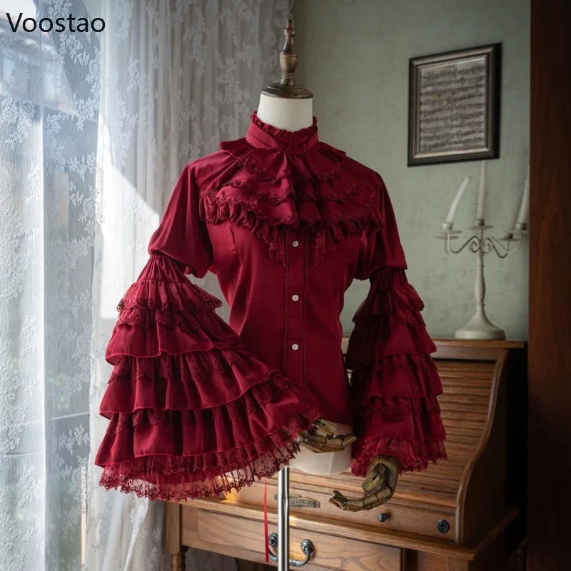Victorian Elegant Lolita Style Shirts Japanese Women Vintage Gothic Lace Ruffles Flare Long Sleeve Blouses Sweet Y2k Slim Tops