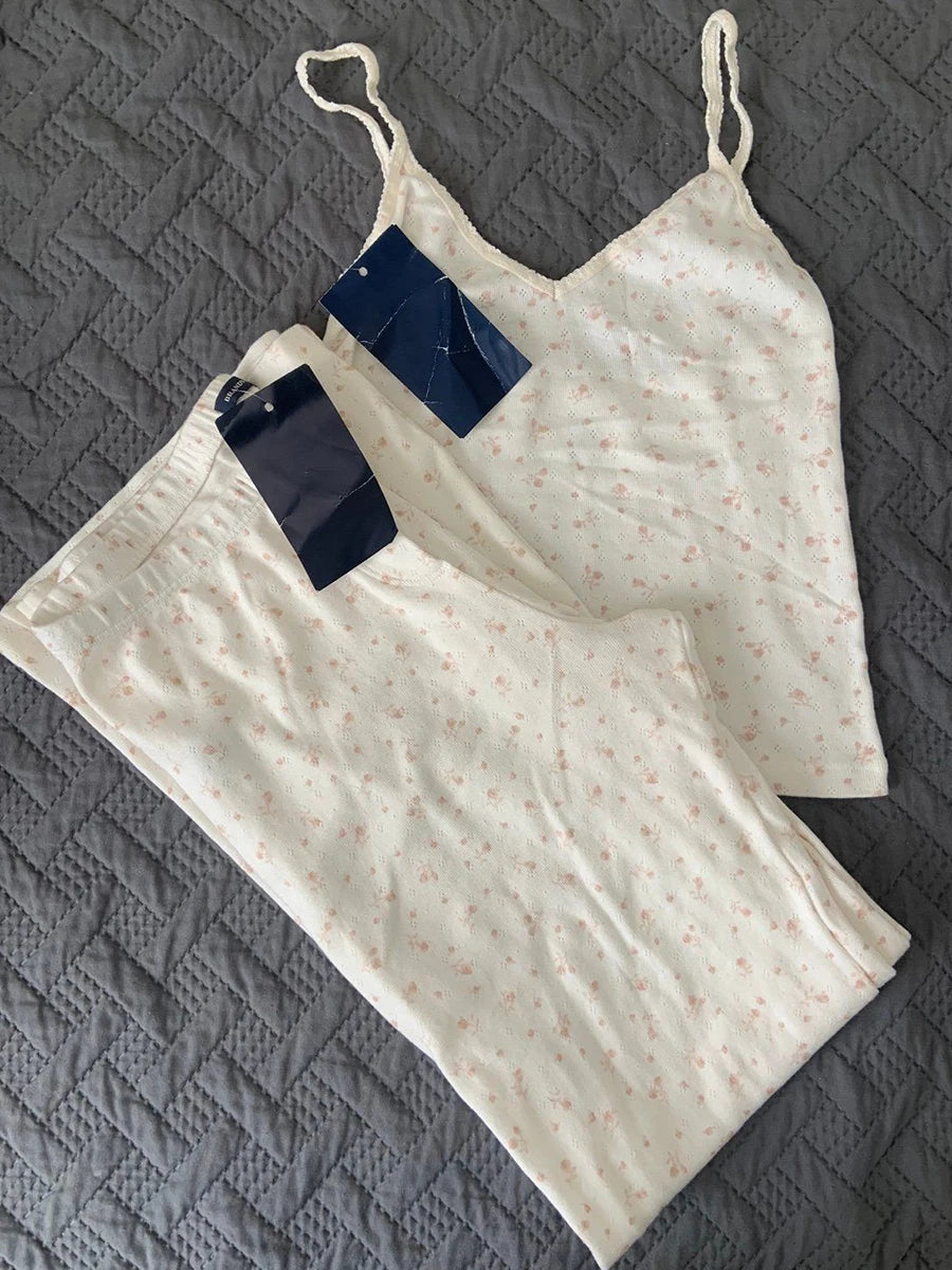 Eyelet White Tank Pant Home Set Woman Bow Slim Crop Top+Elastic High Waist Straight Trousers Summer Cotton Pajama 2 Piece Sets