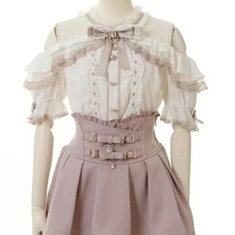 Harajuku Sweet Blouses Women Lolita Elegant Love Heart Bow Off Shoulder JK Shirt Girls Casual Lace Ruffles Y2k Tops Mujer Blusas