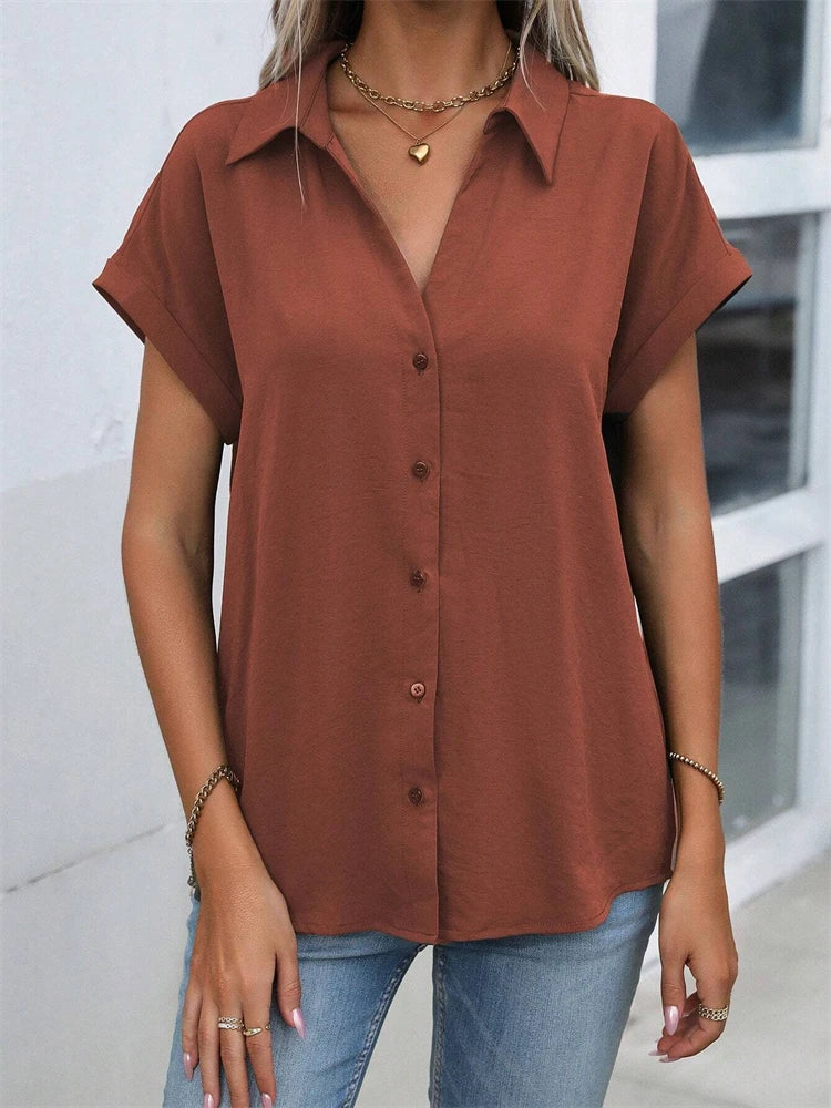 2025 Spring And Autumn New Solid Color Short-sleeved Shirt Fashion Loose Temperament Shirt Folding Blouse Ms. Home Rest Shirt