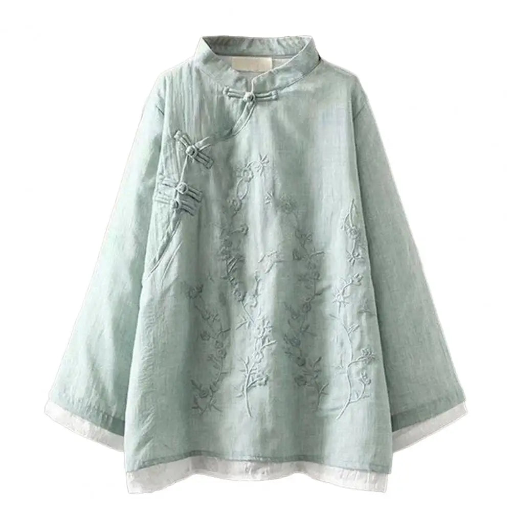 Women Spring Blouse Chinese Style Embroidered Flower Knot Button Vintage Shirt Loose Stand Collar Retro Shirt Lady Blouse Top