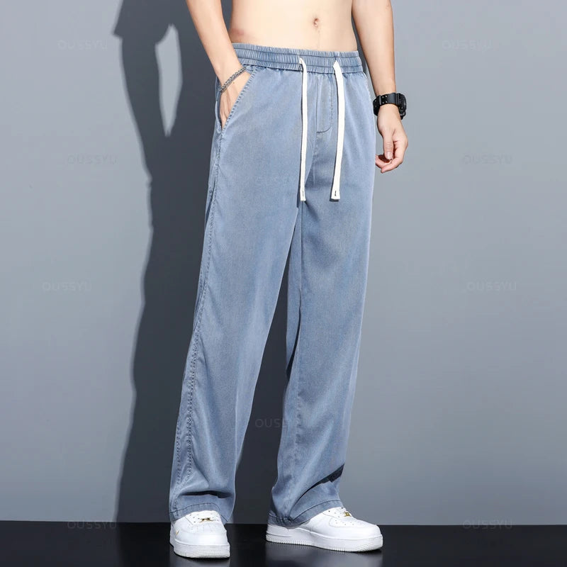 Summer High Quality Lyocell Fabric Jeans Men Loose Straight Thin Elastic Waist Casual Denim Pants Grey Trousers Large Size M-5XL