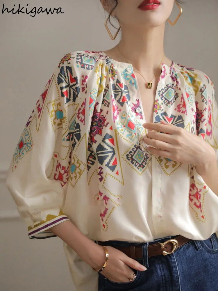 Vintage Blouses Women Clothing Indie Folk 2025 Blusas Mujer De Moda V-neck Print Loose Shirts Chic Summer Korean Blouse Tops