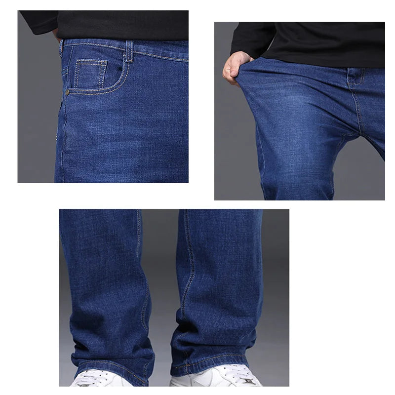 34-50 Sizes Men's Stretch Jeans Straight Leg Denim Pants Extended Sizing Blue/Black Streetwear Relaxed Fit for Work & Casual