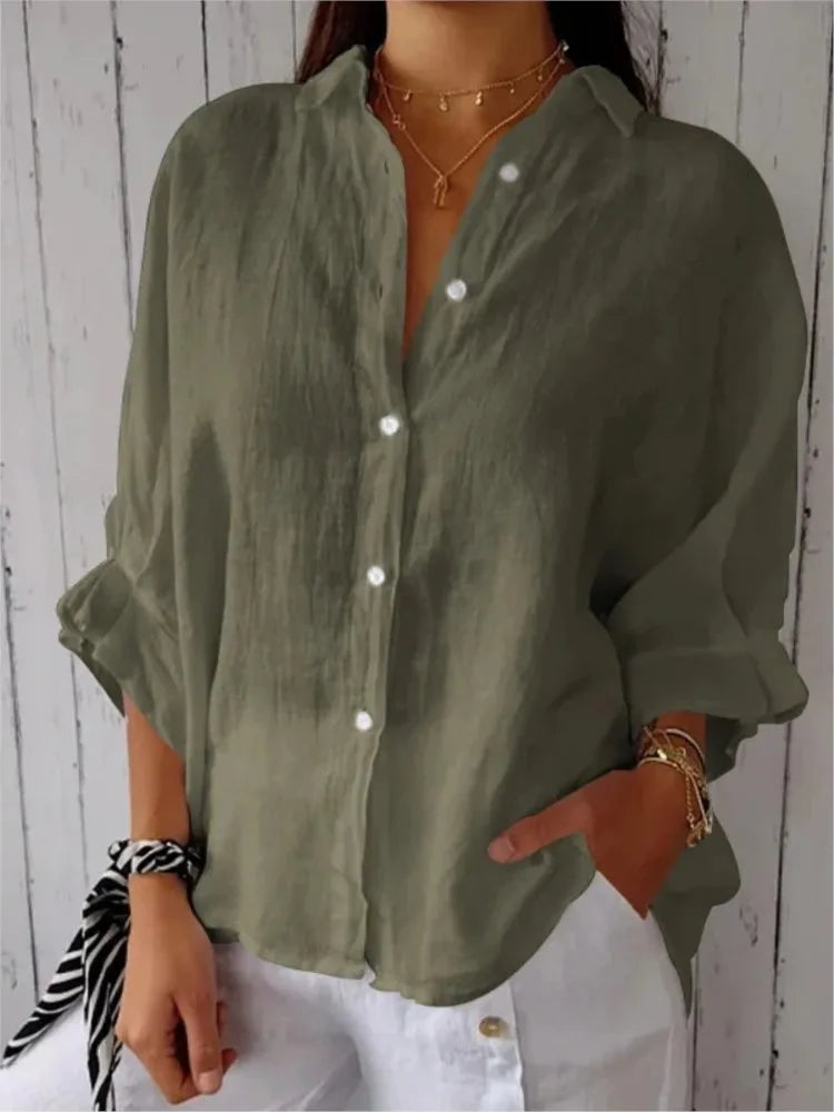 New Women Cotton Linen Shirts Elegant Back Bow Lace Up Solid Casual Shirt Spring Summer Lapel Half Sleeve Blouse Loose Tops