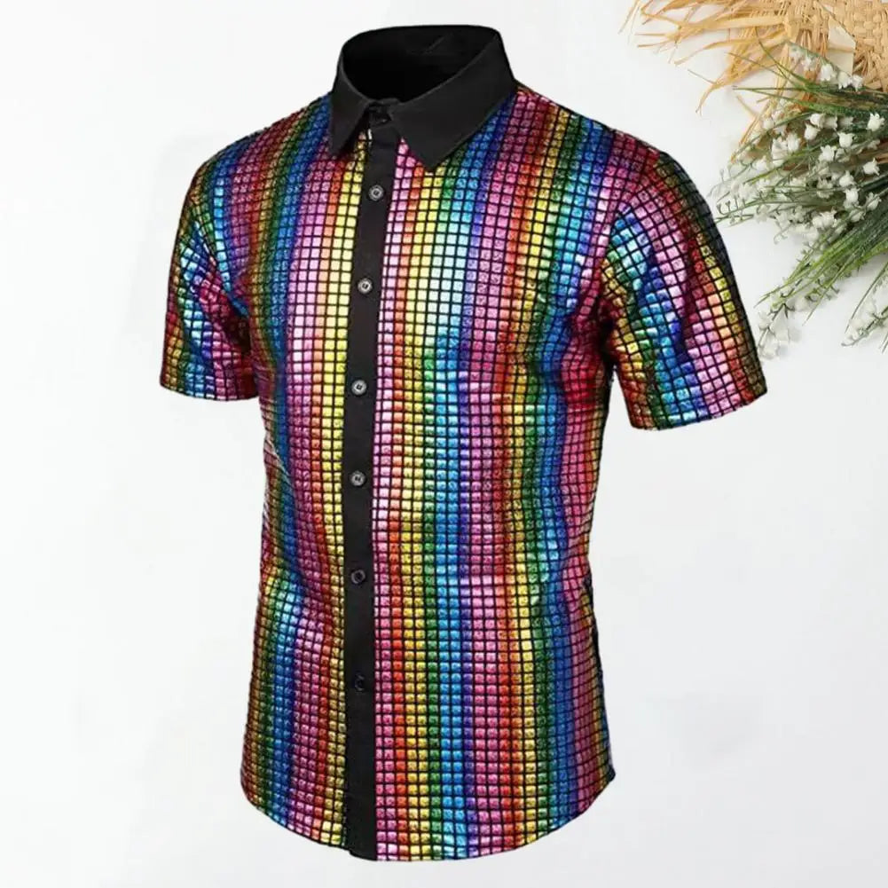 Men Club Shirt Vintage 70s Disco Men's Club Shirt with Reflective Sequins Turn-down Collar Short Sleeve Button Down for Parties