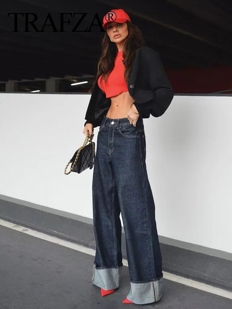 TRAFZA Women Fashion Denim Set Casual Lapel Long Sleeve Crop Jacket Buttons Female Vintage Wide Leg Loose Jeans Long Pants