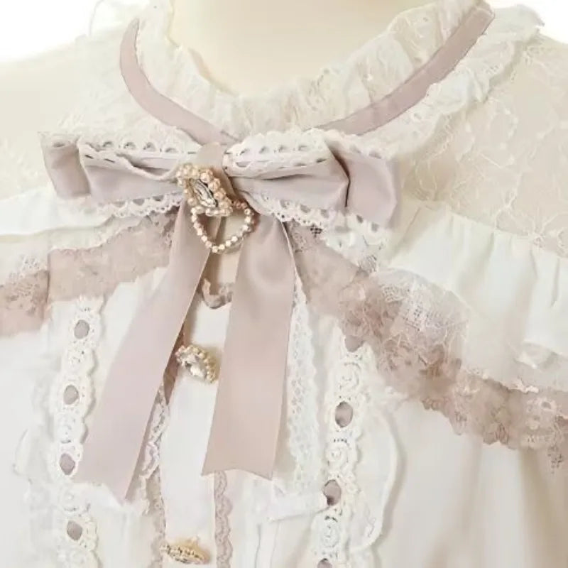 Harajuku Sweet Blouses Women Lolita Elegant Love Heart Bow Off Shoulder JK Shirt Girls Casual Lace Ruffles Y2k Tops Mujer Blusas