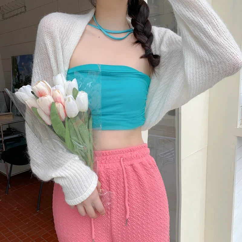 Combhasaki Women's Summer Open Front Bolero Shrug Long Sleeve Solid Color Sun Protection Transparent Knitted Cropped Cardigans