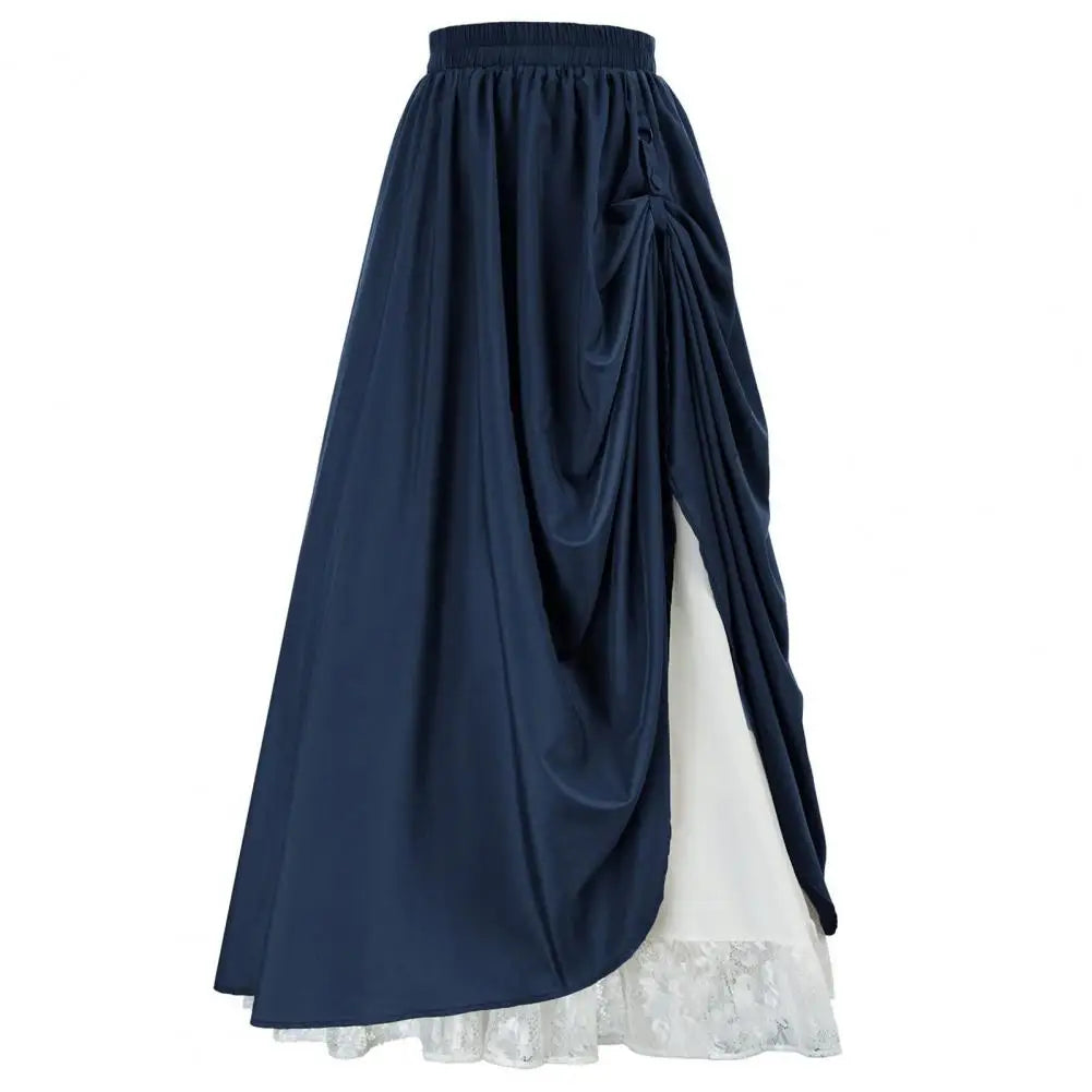 Women Retro Medieval Elastic Lace High Waist Boho Maxi Skirt Casual Drawstring A Line Shirtdresses Backless Vintage Bodycon