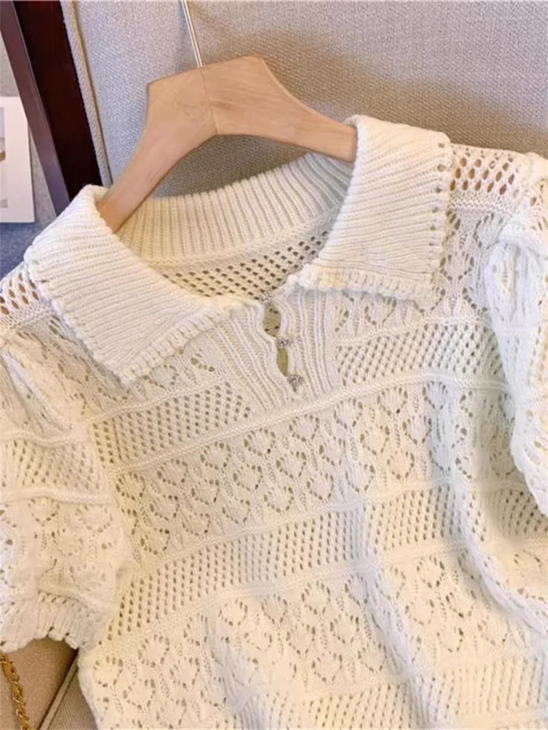 Sweet Sle Short Sleeve Knitted Shirt 2025 New Summer Hollow Out Crochet Design Thin Pullover Top Women's Blouse