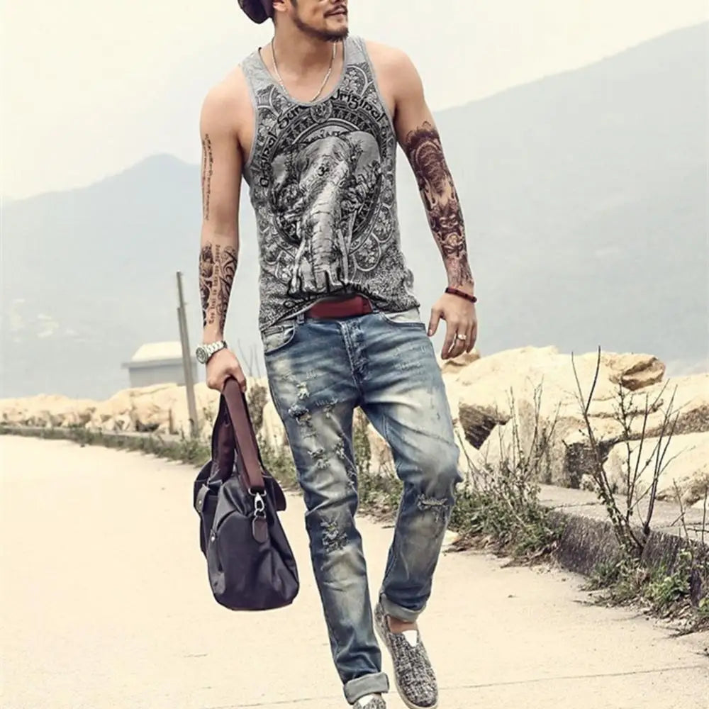 Grey Men Tank Top Casual Fitness Singlets Brand Mens Sleeveless Gasp Hip Hop Vest Elephant Print Cotton undershirt 2019 Vintage