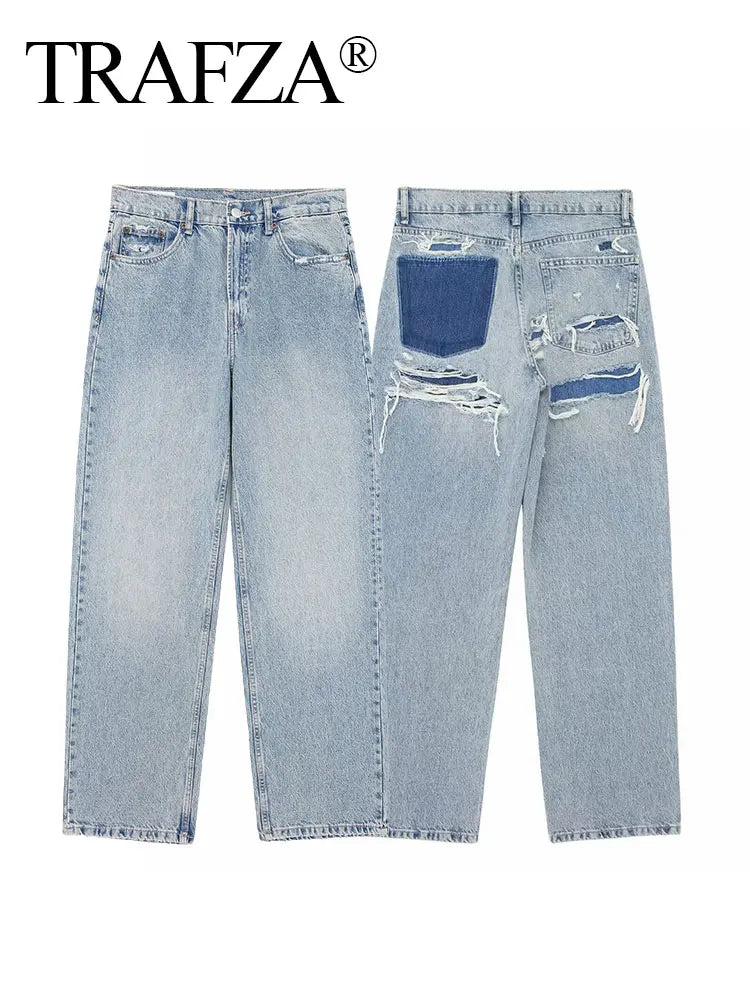 TRAFZA 2024 Women's Street Fashion Denim Blue Jeans Distressed Patchwork High Waist Zipper Fly Ripped Retro Long Pants