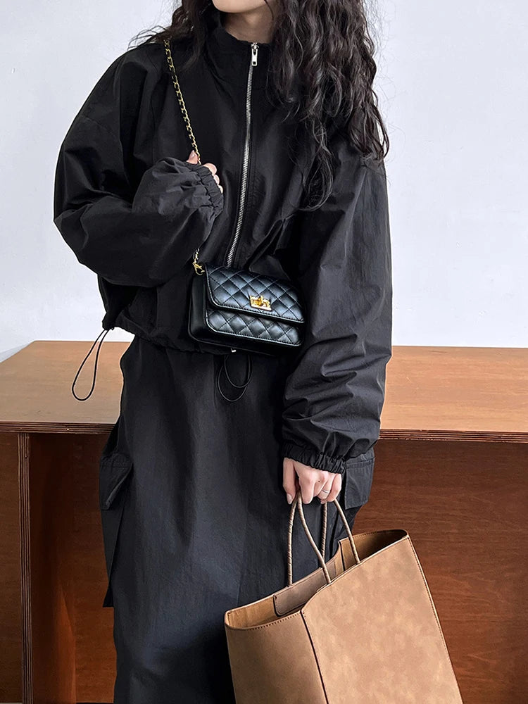 [EAM] Jacket Drawstring Big Size Half-body Skirt Two Pieces Suit New Stand Collar Women Fashion Spring Autumn 2025 1DH0976