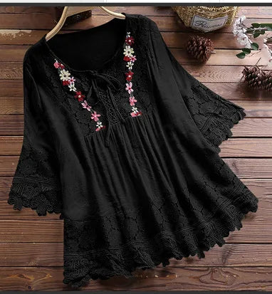 Summer Women Casual Solid Tops Shirt Cotton And Linen Stitching Lace Flower V-neck Loose Top Blouse New Elegant Holiday Shirts