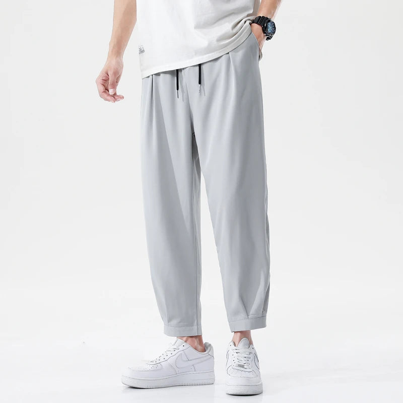 Ice Silk Summer Men's Ankle-length Pants Solid Loose Quick Dry Pants Mens Casual Elastic Lightweight Joggers Thin Business