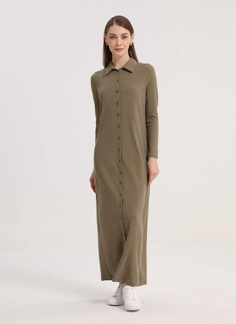 AS 2024 maxi dress button design woman clothes full sleeve Ankle Length comfortable ribbing clothing  ( Ship out in 1 day)